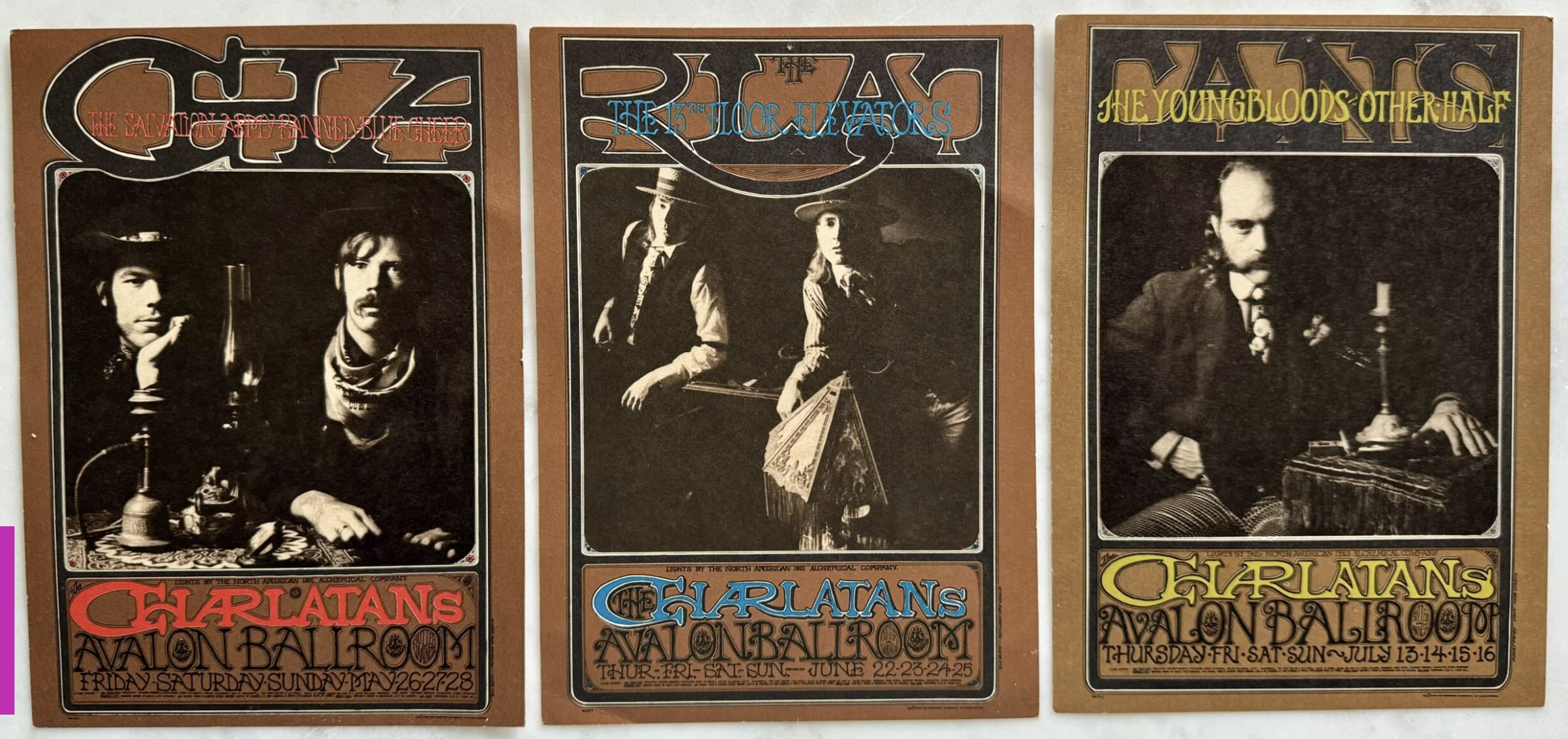 The FD-67 poster sits in the middle of a three-poster Rick Griffin run for the Avalon in 1967 — FD-63, FD-67, and FD-71 — often displayed together as a triptych. Seeing them side by side shows Griffin's lettering evolving across a single summer at Chet Helms's ballroom.